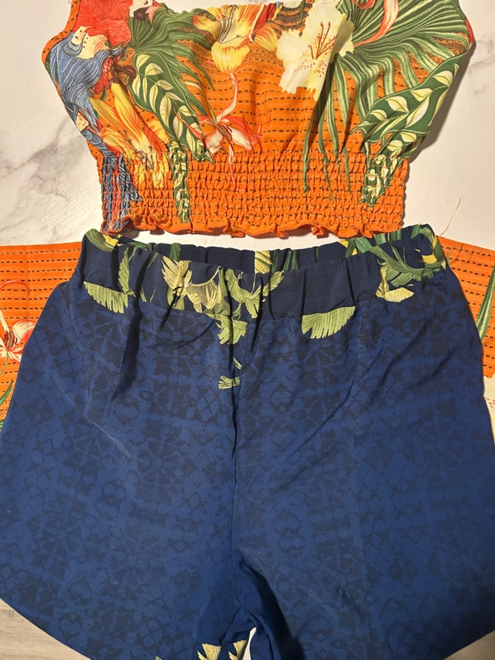 Tropical Print Wide-Leg Pants - Blue & Orange - Picture 2 of 3